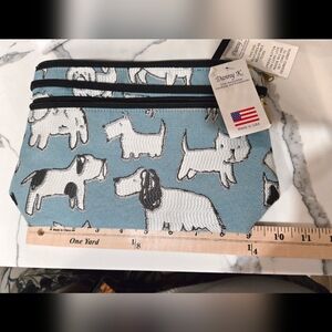 NWT Danny K Beverly Hills Blue Dog Motif Made USA Cosmetic Travel Bag Clutch